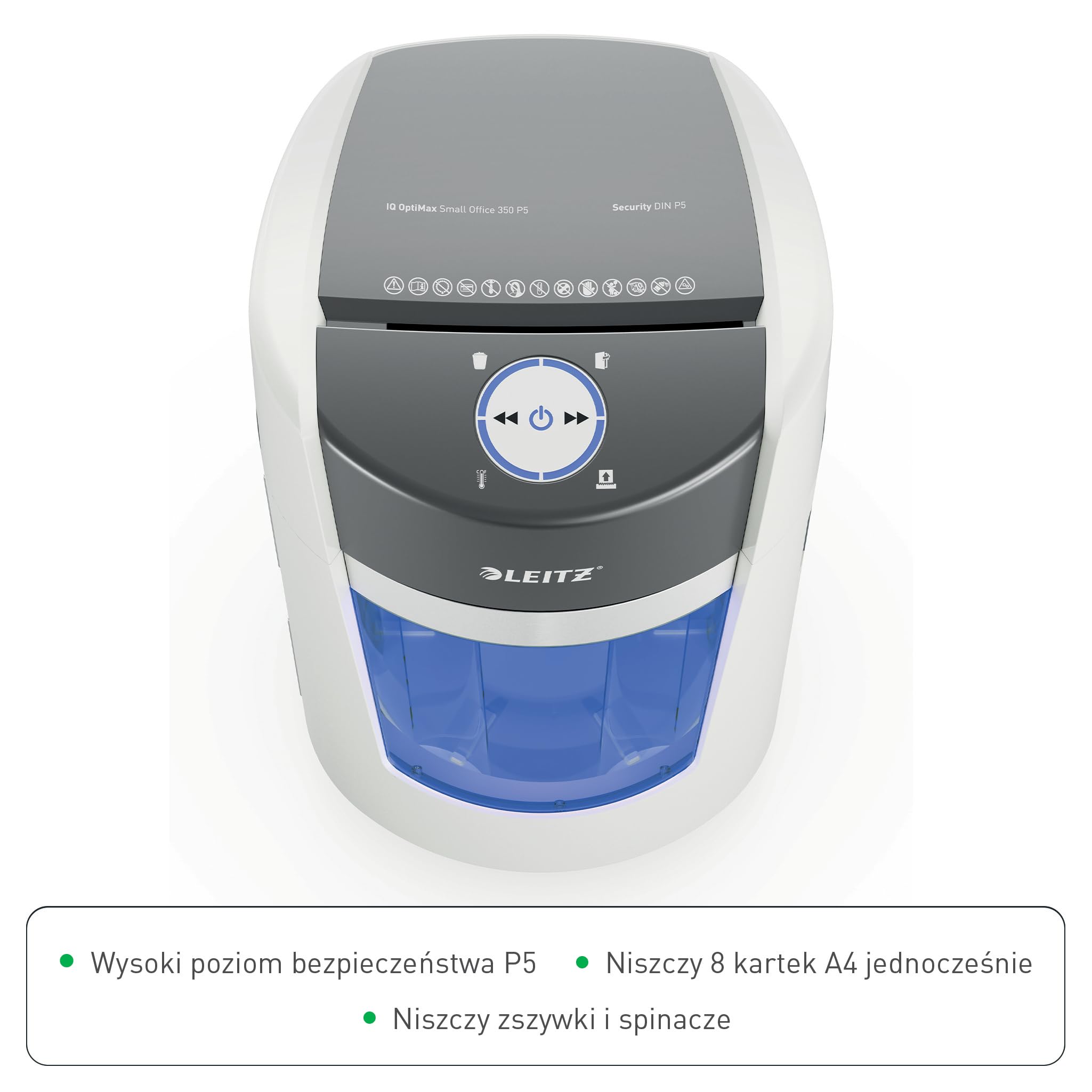 Leitz IQ OptiMax Small Office 350 Niszczarka P5 Mikrocięcie, Pojemnik Rotacyjny zwiększający pojemność o 33% (22L), mieści do 350 kartek A4, Niszczy 8–10 kartek 70–80 gsm, Czas pracy do 20 min