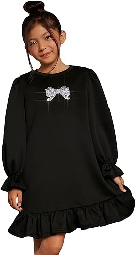 WDIRARA Vestido de manga con volantes y cuello redondo y estampado de lazo para niña