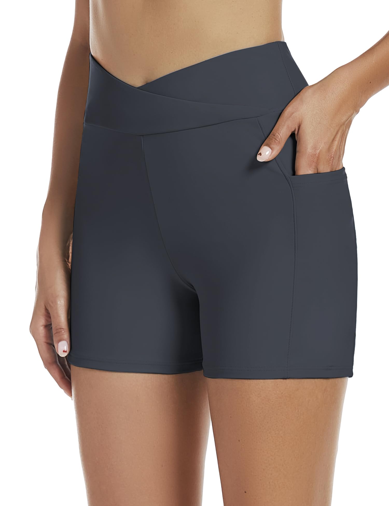 Tournesol Women's 4" Swim Shorts High Waisted Swimsuit Bottoms Cross Waist Bathing Suit Swimwear Boy Shorts with Pocket