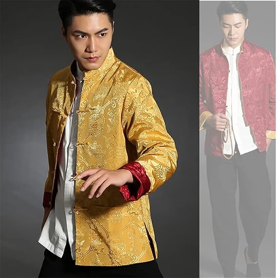 Men's Silk Tang Suit Jacket Traditional Chinese Shirt Style with Kung Fu Collar Hanfu Top on Both Sides