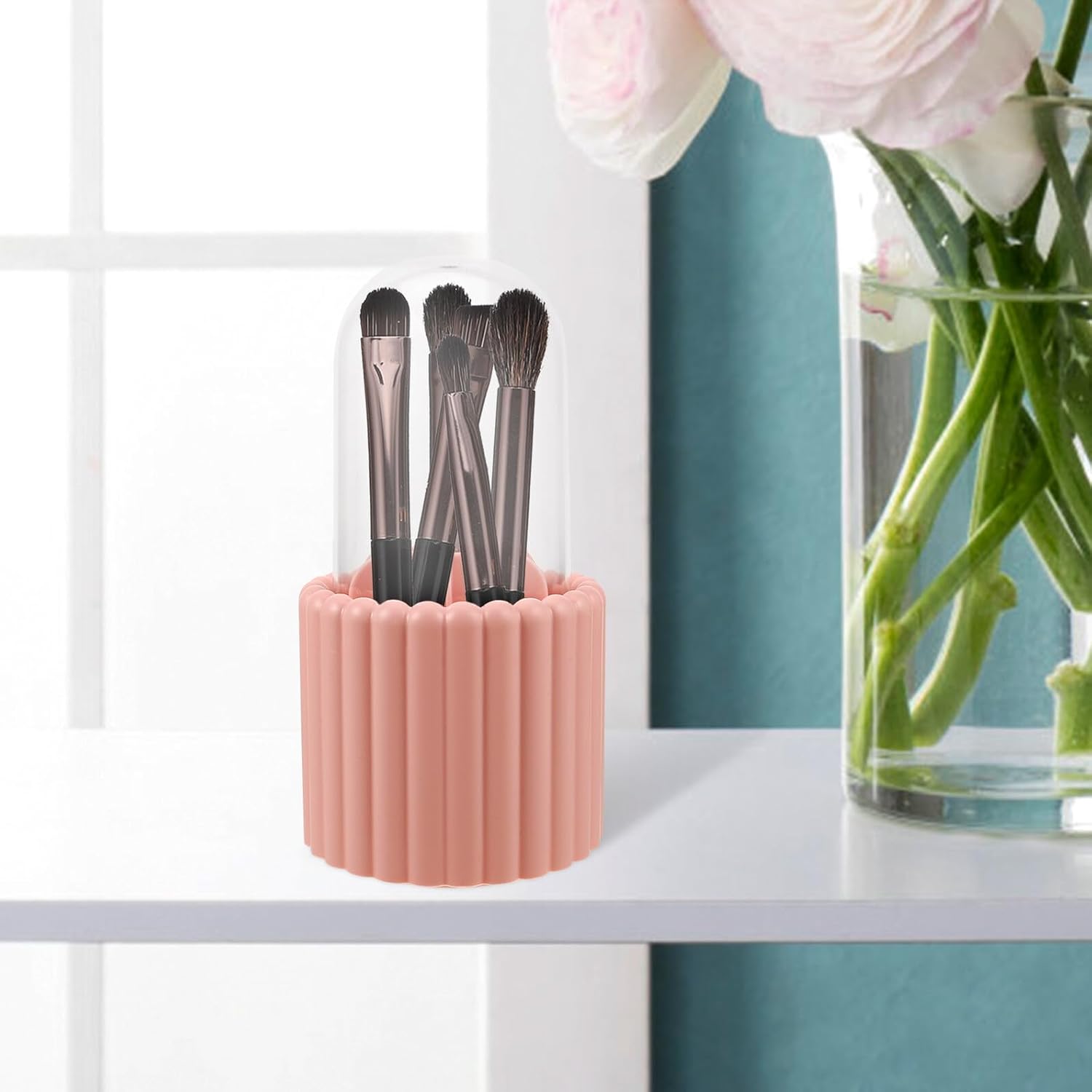 PRETYZOOM Rotating Makeup Brush Holder Organizer Pink Vanity Table Cosmetic Holder with Large Capacity for Beauty Accessories Storage image 5