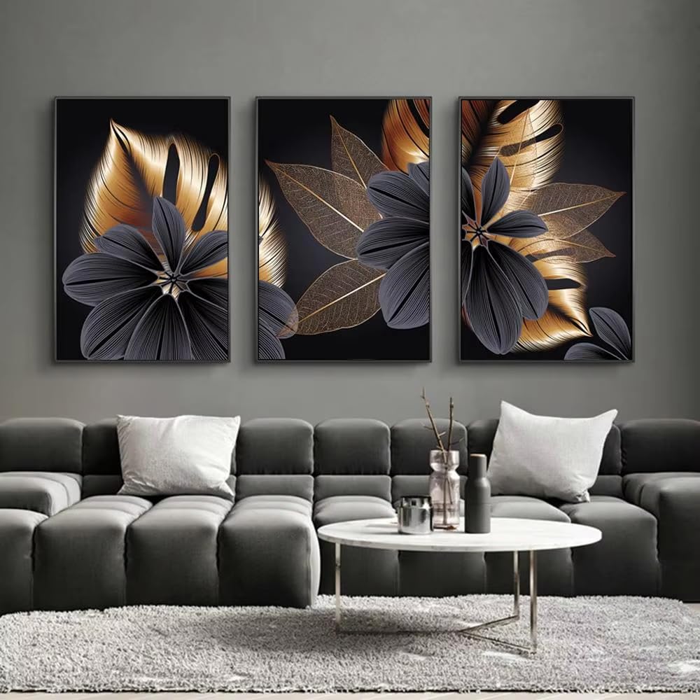 Ihhgnb No Frame Abstract Golden Leaves Canvas Posters Prints, Modern Luxury Murals Wall Art Pictures For Home Decoration(40X50cm(16X20in) X3/No Frame)