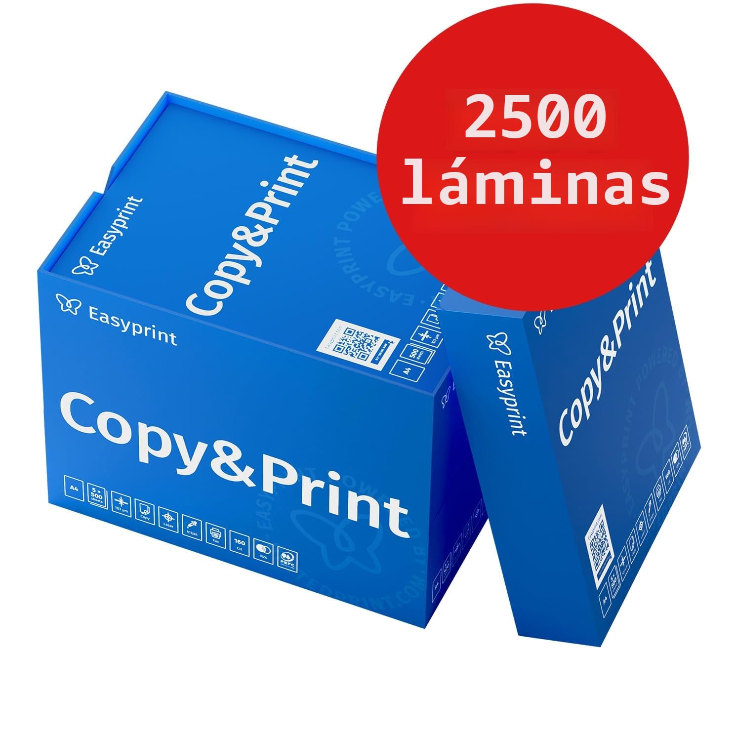 Easyprint - Papel para impresora (2500 hojas, 5 x 500 mm, A4, color blanco brillante, CIE 160, certificado ecológico PEFC)