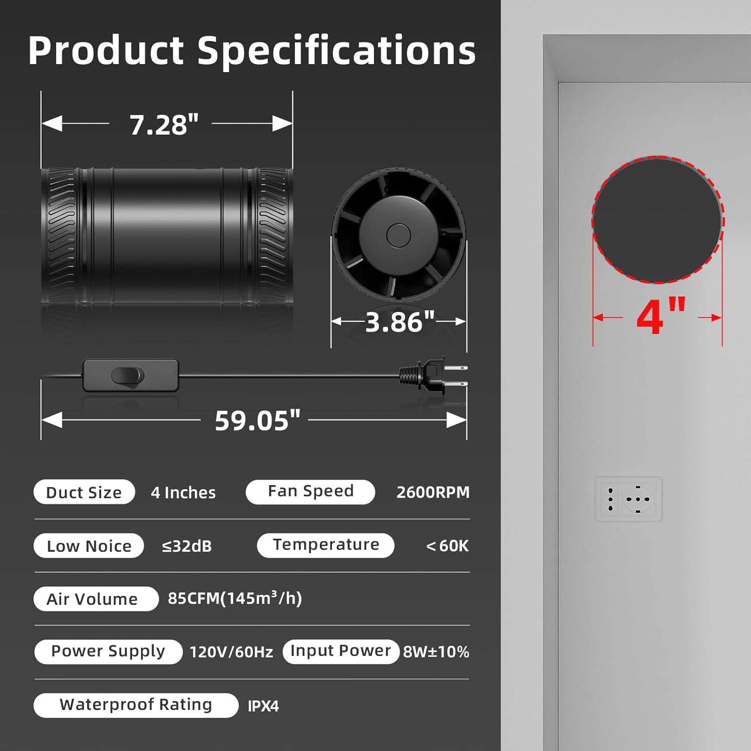 4 Inch Inline Fan with Switch, Upgraded Inline Duct Fans High-Efficiency Exhaust Duct Fan, Low Noise HVAC Ventilation in Basement Bathroom Workshop Attic Grow Tent FP122A