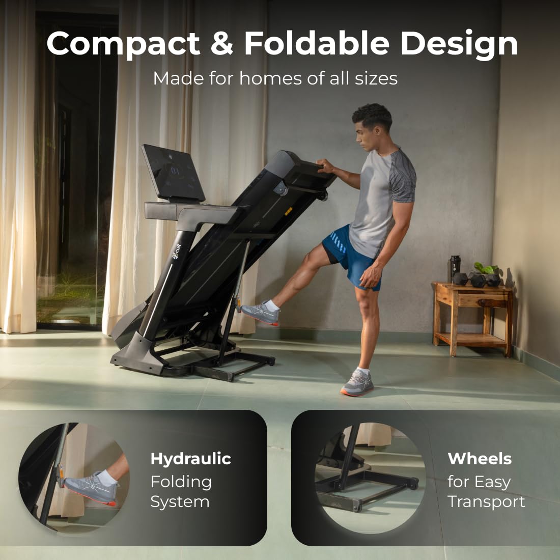 Image showing the treadmill in its folded position and close-ups of the hydraulic folding system and transport wheels.