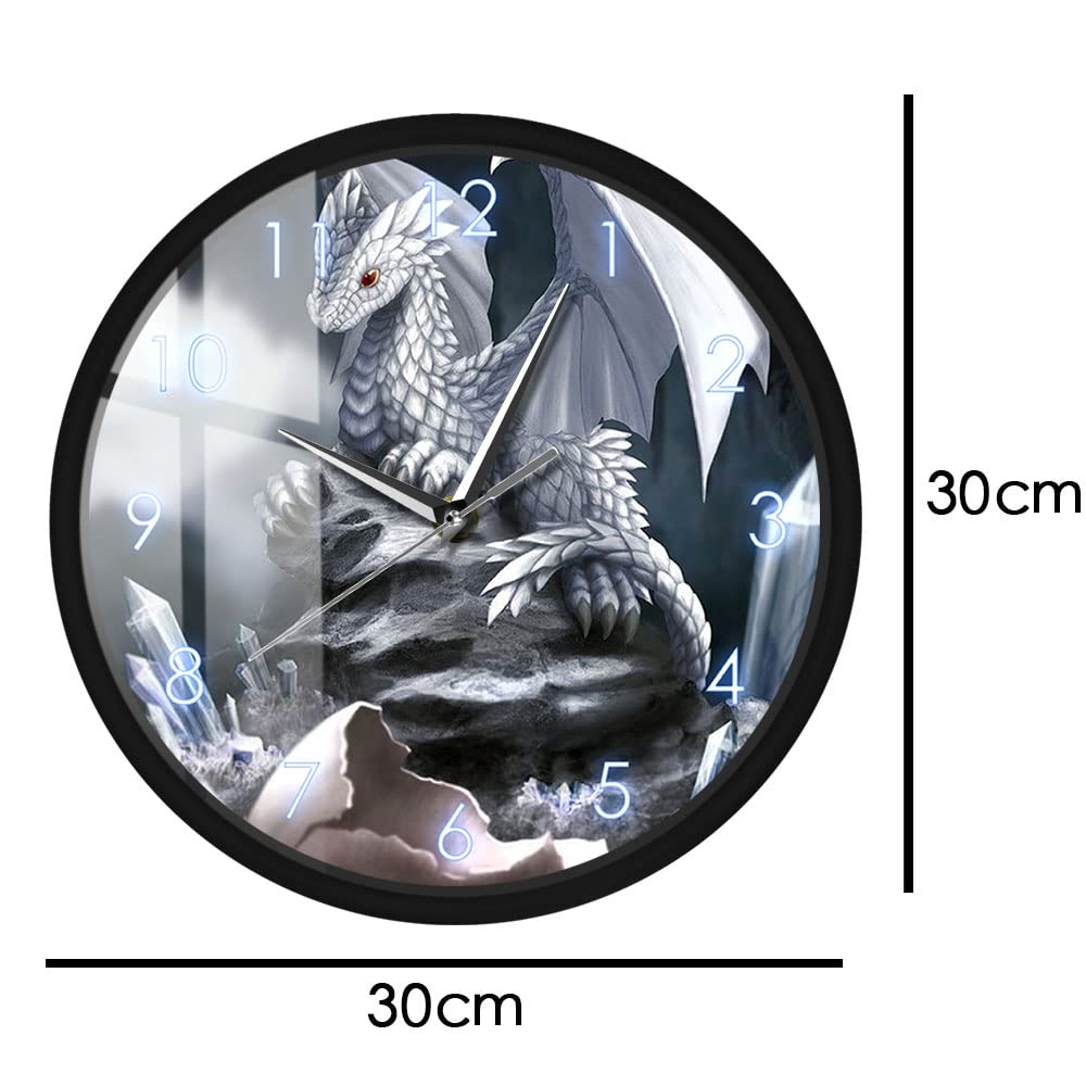 Timethink Newborn Baby Ice Dragon Metal Frame Round Clock, Silent Quartz Battery Operated White Dragon Hatching Egg Black Aluminum Frame Clock for Home Office Kids Children Bedroom Living Room