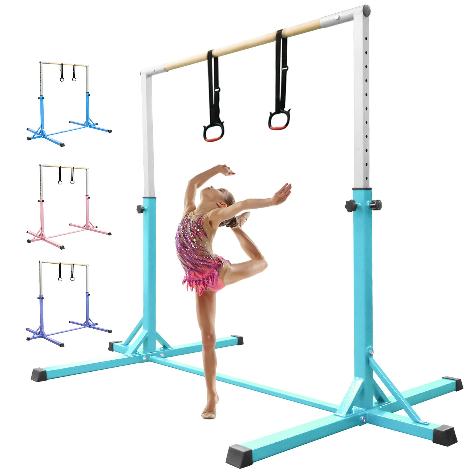 FBSPORT Barra de Gimnasia para Niños Barra Horizontal de Gimnasia con 13 Altura Ajustable de Barra de Entrenamiento con Anillos de Gimnasia Barra de Entrenamiento de Gimnasia expandible Junior Verde