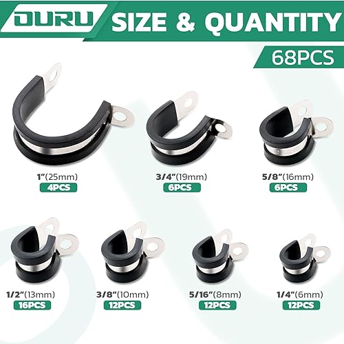 Miniatura 2 de Juego surtido de 68 abrazaderas de cable, 7 tamaños de acero inoxidable recubierto de goma de acero inoxidable, abrazaderas de cable aisladas,