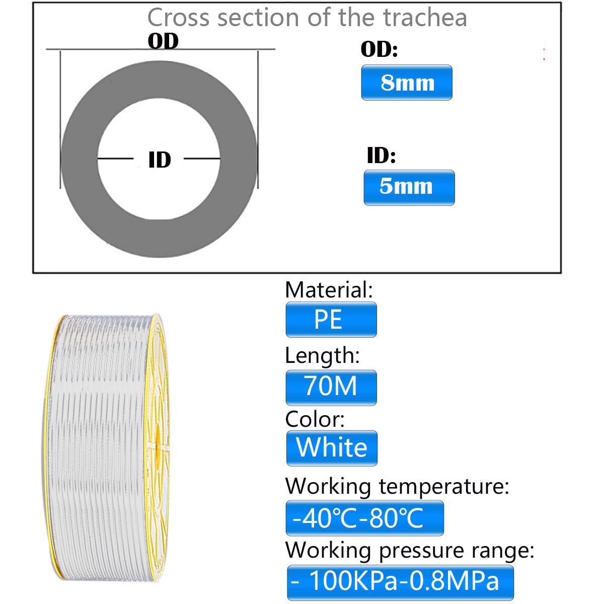 Arrosage goutte à goutte, Dujella Tuyau pneumatique OD 8 mm x ID 5 mm, (Laiteux, 70 m) Tuyau pneumatique flexible en polyéthylène (PE) Used in Mechanical Oil Transfer, Infusion Pipes, Frein