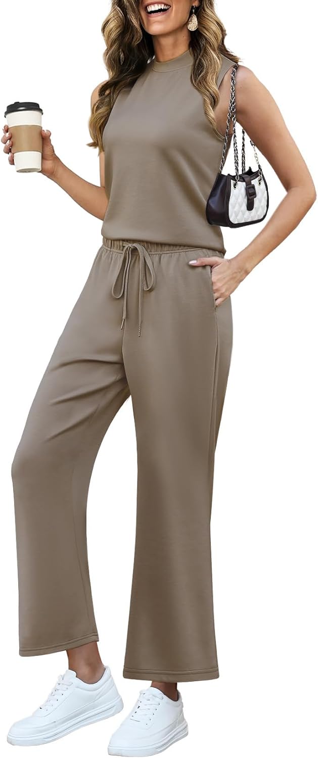 2 Piece Sets for Women Summer Outfits Lounge Sets Mock Neck Tops Wide Leg Crop Pants Vacation Travel Outfits