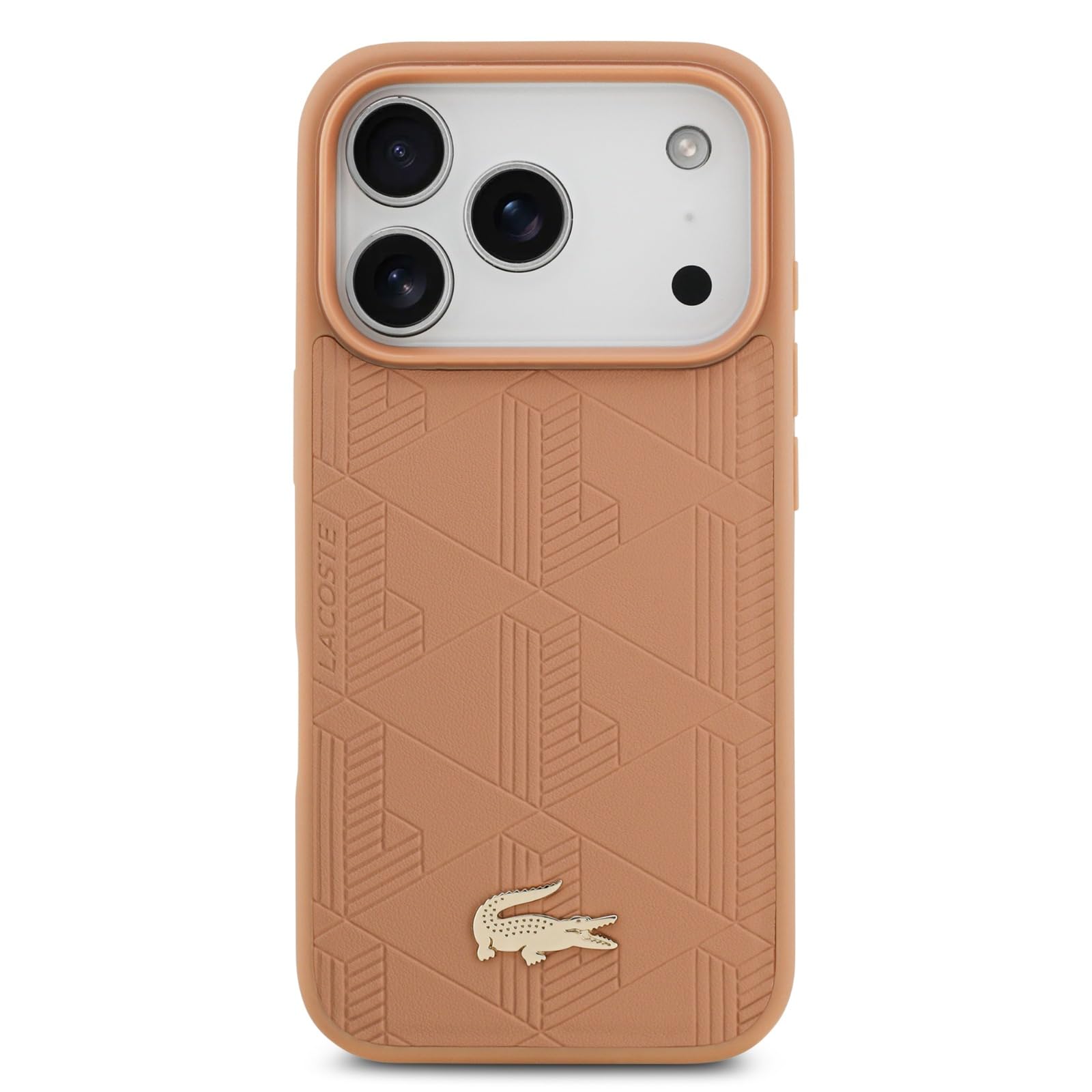 Etui na iPhone'a 17 Pro Max, Lacoste kompatybilne z MagSafe, skóra PU, monogram, złote logo, stylowe, odporne na wstrząsy, różowe