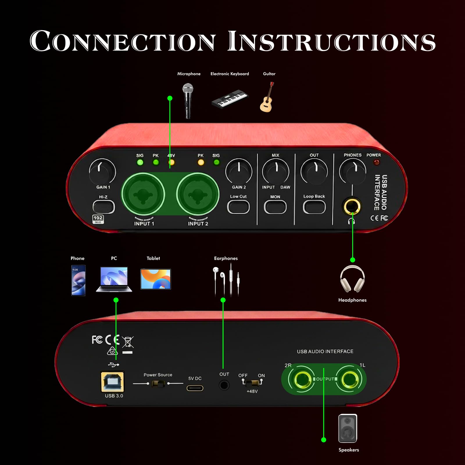 Audio Interface 2-Kanal-USB für Computer, Smartphones und Tablets, Aufnahmen HiFi-Soundqualität für Gitarristen, Vokalist, Podcaster oder Produzenten