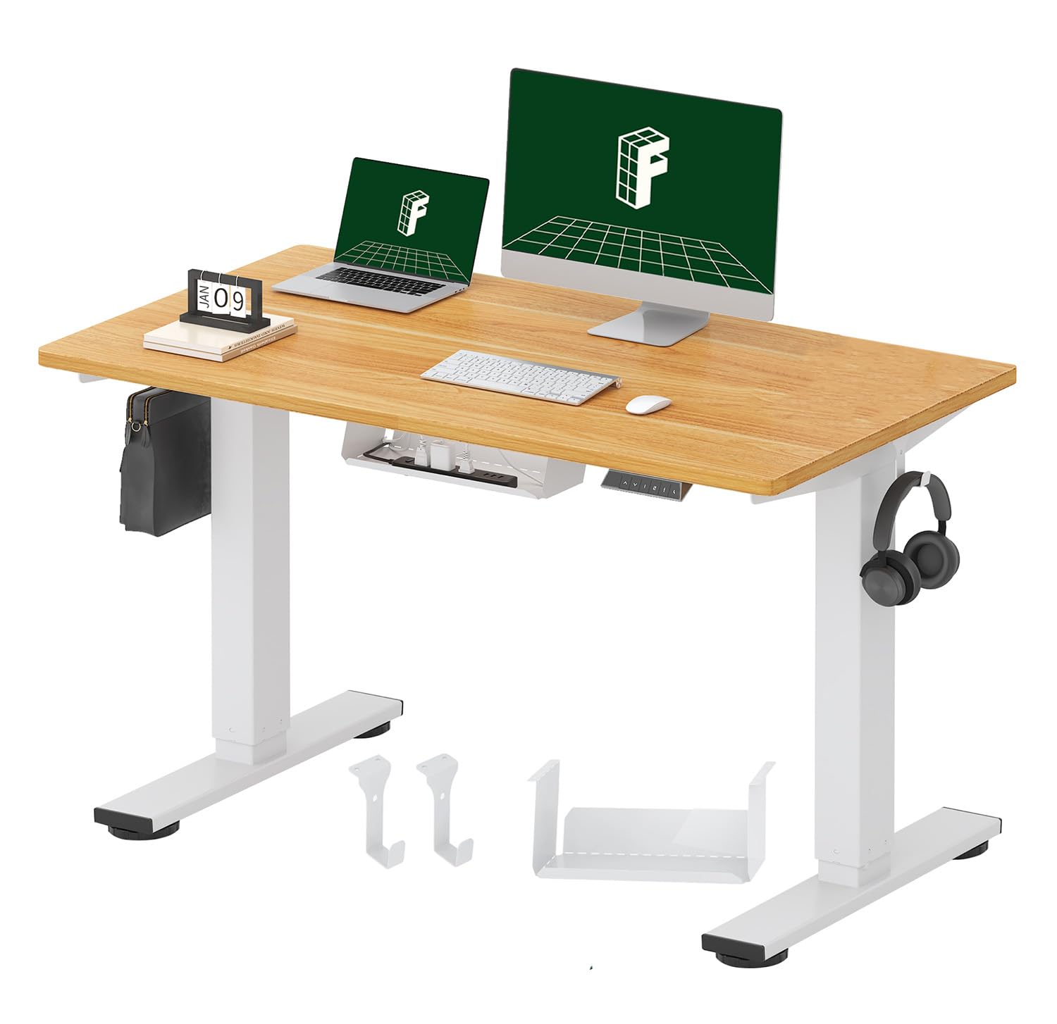 FLEXISPOT E1 Plus ONE PIECE Electric Standing Desk Height Adjustable 120 x 60cm, Sit Stand Desk with 4 Memory Smart Panel, White Frame+Maple Desktop — image 1