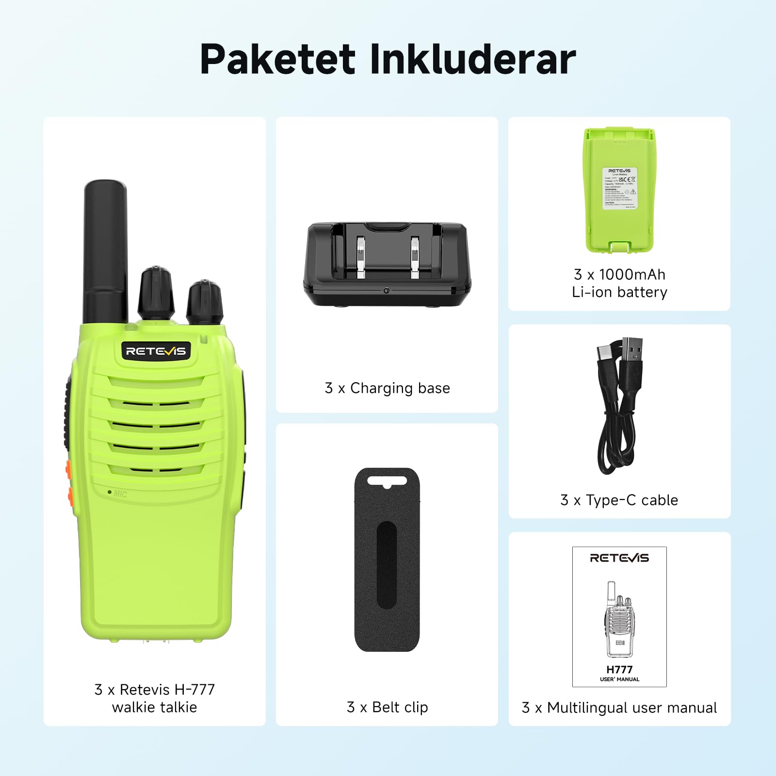 Retevis H777 Walkie Talkie Largo Alcance, Walkie Talkie Adultos sin Licencia, Fácil de Usar, Portátil, VOX, Tipo C Cargado, Emergencia, Radio al Exterior Acampar, Aventuras (Paquete de 3)