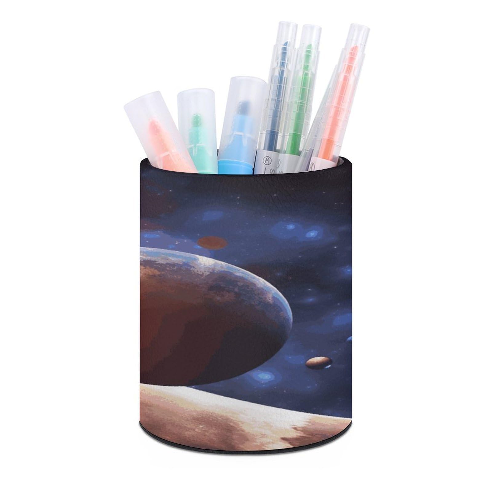 LDGSUPH Planets in Space Background Round Pen Holder Leather Pen Cup Pencil Cup Pen Organizer Pencil Holder for Desk Organizer Pencil Organizers Makeup Brush Holders for Home Office Gift