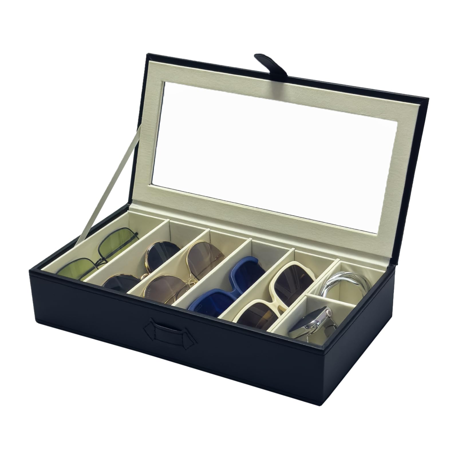UnionPlus Sunglasses Case Organizer, Multiple Sunglasses Eyeglass Glasses Display Holder Collector, 5 Slots for Sunglasses Storage and 2 Small Slots for Accessories, Black