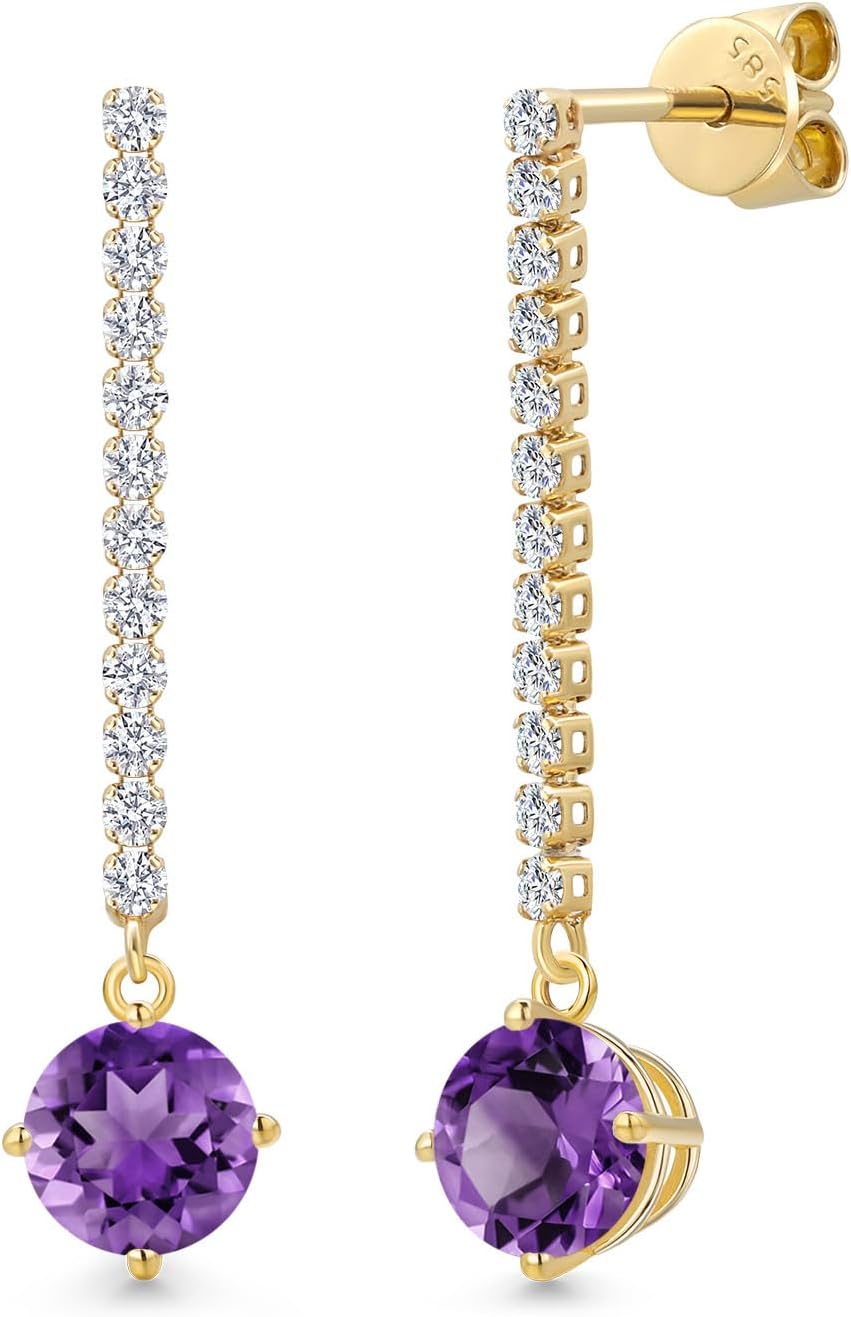 Gem Stone King 14K Yellow Gold Gemstone Birthstone and White Lab Grown Diamond Long Liner Dangle Earrings for Women | Round 6MM | Yellow Gold Chain Drop Earrings