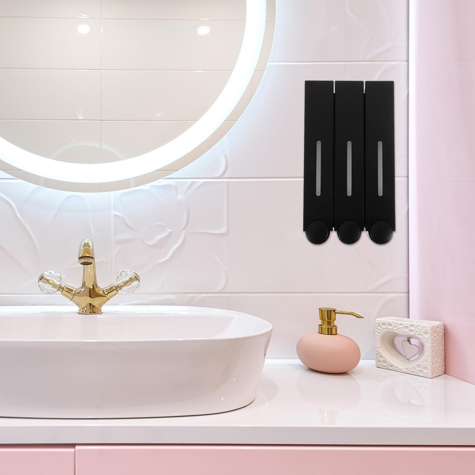 Dispensador de Jabón de Pared Abs y PVC Dispensador de Gel de Ducha de 3 Cámaras, Manual, Negro Triple Cabezal, para Baño y Suministros de Baño