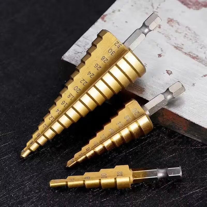 3Pcs Step Drill Bit Set, HSS Titanium Coated, 1/4" Hex Shank Quick Change, Short Length Drill Bits for Metal, Plastic, Sheet Metal (3-12mm, 4-12mm, 4-20mm)