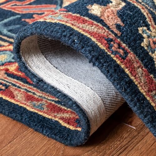 Image of Hand-Tufted Wool Carpet for Living Room 4x6 feet Navy Blue & Multicolor Traditional Design Anti-Skid High Pile Thick Carpet & Rugs for Bedroom & Hall