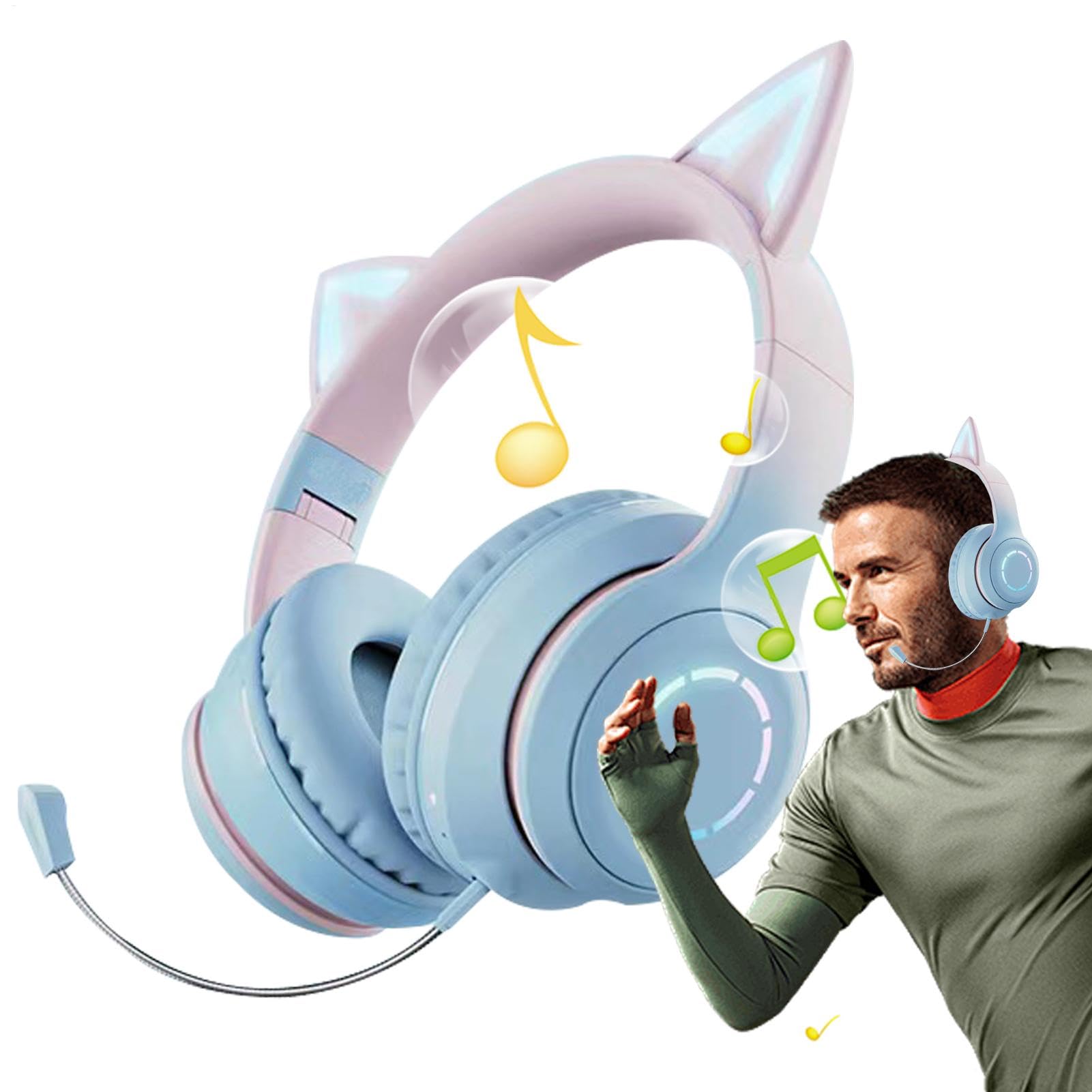 Whnbuij Auriculares inalámbricos RGB con diseño de orejas de gato, micrófono plegable, control de volumen, cancelación de ruido sobre la oreja, sonido estéreo, iluminación LED recargable, auriculares