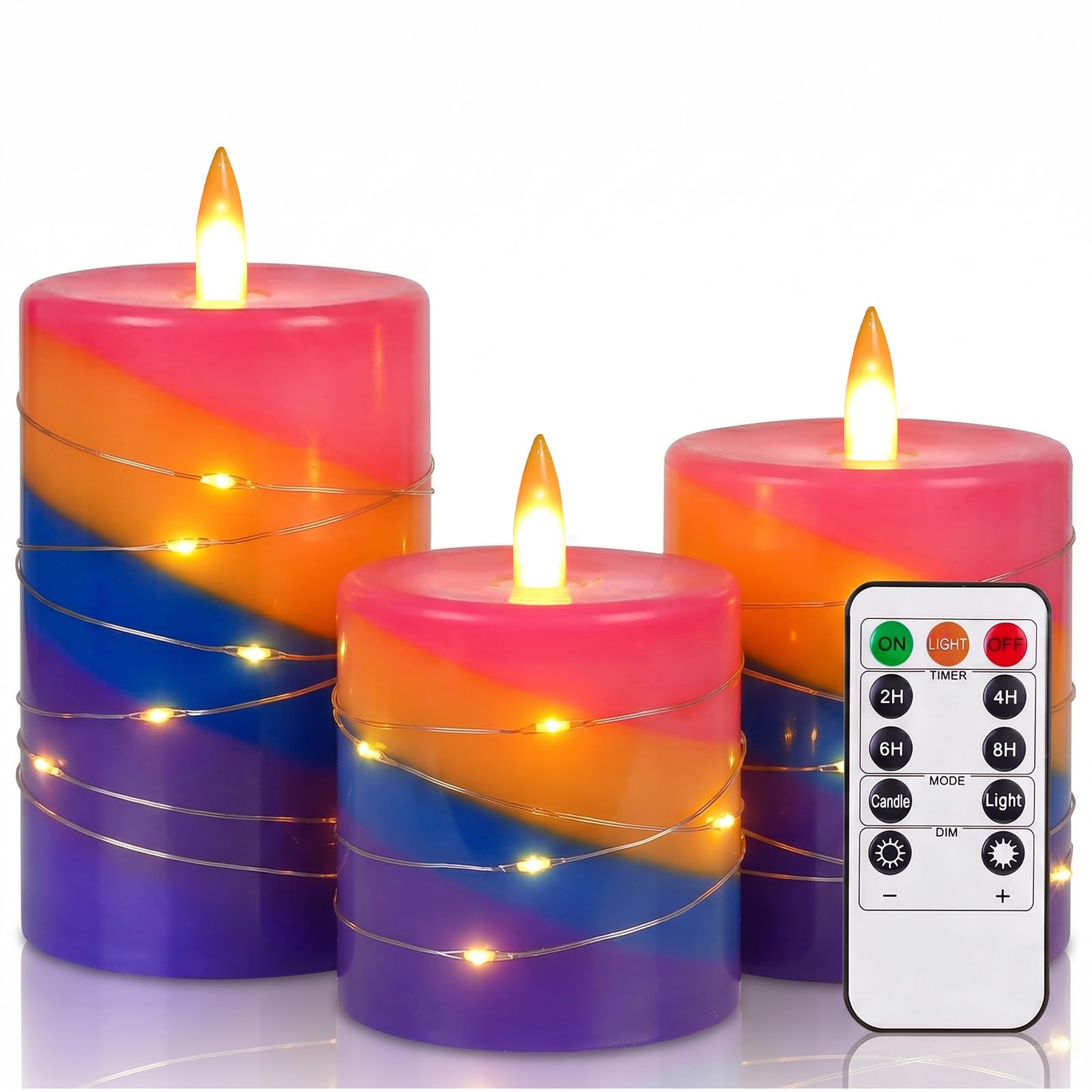 Lot de 3 bougies LED sans flamme avec guirlande lumineuse, bougies piliers multicolores en cire de paraffine avec télécommande et minuterie, bougies électriques vacillantes à piles pour atmosphère