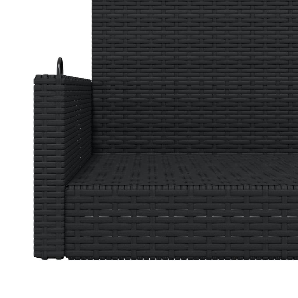 Ławka wisząca, czarna, 119 x 56 x 48 cm, polirattan, odporna na działanie promieni UV, zewnętrzna ławka huśtawka z pierścieniami mocującymi, nośność 110 kg