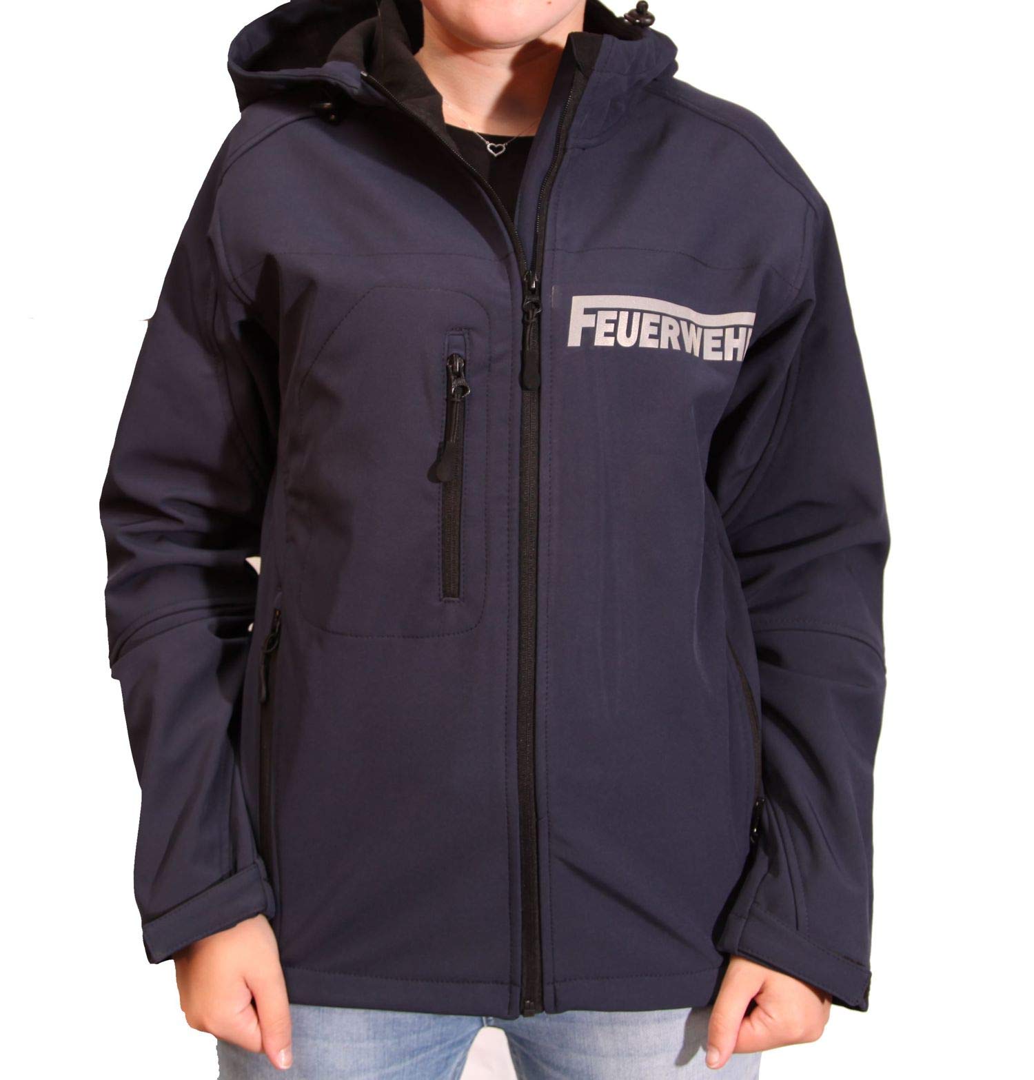 Feuerwehr Softshell Jacke mit Kapuze für Herren, Damen, Kinder mit reflektierendem Druck vorne + hinten S M L XL 2XL 3XL FF BF