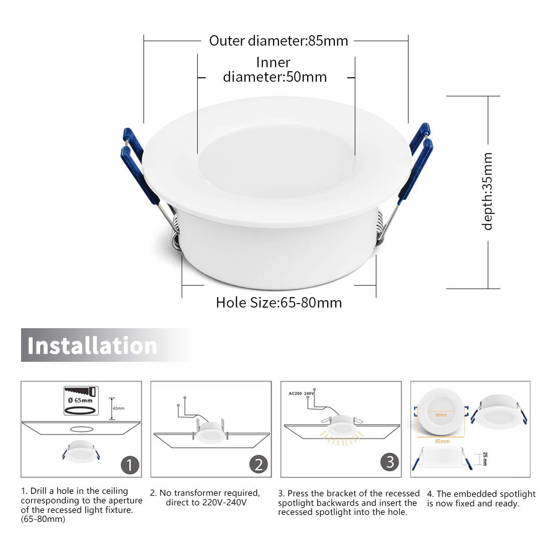 KYOTECH Faretti LED Incasso,set da 6,bianco caldo 3000K 6W 230V 500Lumen,luci ultrasottili da soffitto,IP44 può essere utilizzato in ambienti umidi (Bianca, Rotondo)