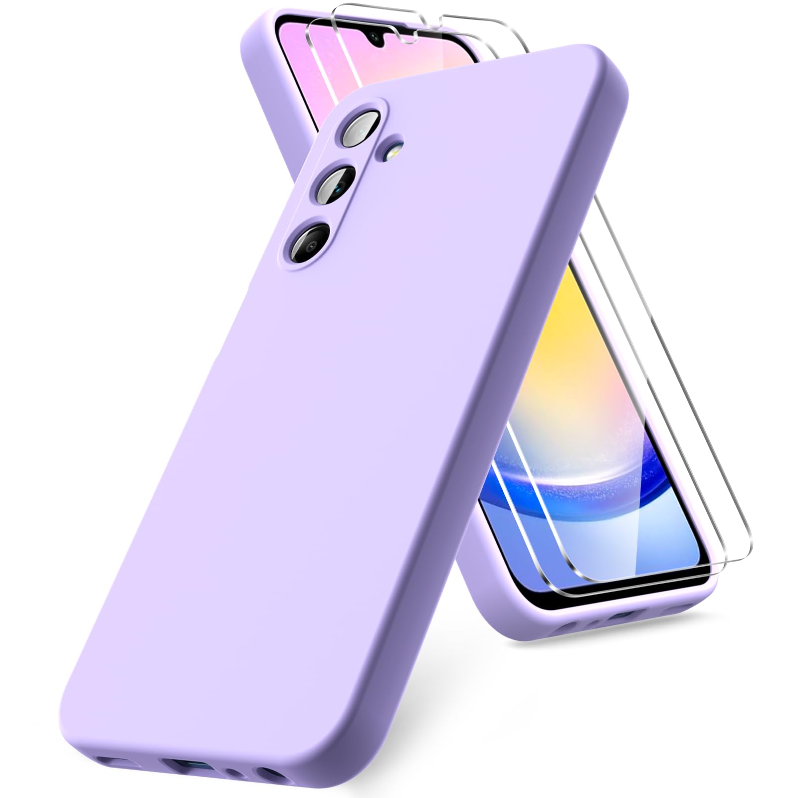 Vansdon Cover Compatibile con Samsung Galaxy A25 5G, 2 Pellicola Protettiva in Vetro Temperato, Gomma Gel di Silicone Liquida Antiurto Custodia - Viola chiaro