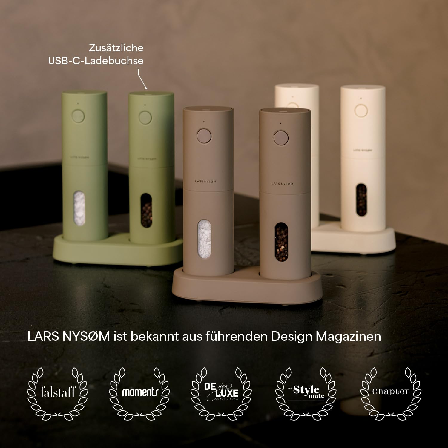 LARS NYSØM Salz und Pfeffermühlen Elektrisch Set I Keramikmahlwerk fein bis grob I USB Wiederaufladbar mit Ladestation I Automatische Salz und Pfefferstreuer I Gewürzmühlen Set (Carbon Black)