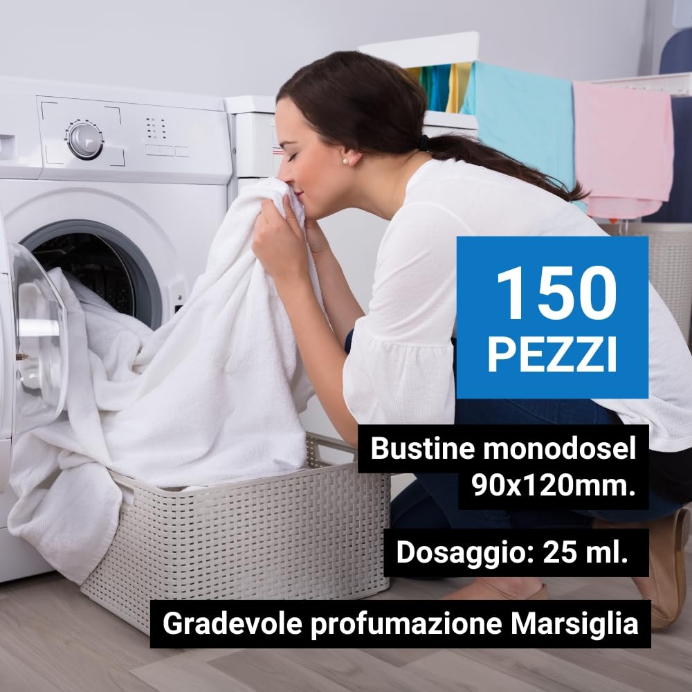 GPQ - Detersivo Liquido per Bucato 25 ml | 150 Bustine | Concentrato con Fragranza Marsiglia | Senza Parabeni | Amenities Turistiche Appartamenti, B&B, Bungalow, Casa Vacanze | Fabbricato nell’UE