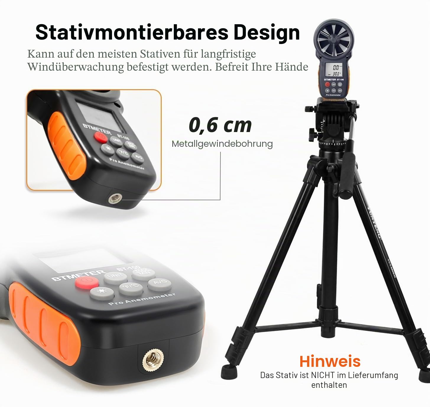 BTMETER BT-100 Windmesser Windmessgerät, Digitales Anemometer mit Temperatur(℃/℉), 5 Einheiten für HVAC-Lüftungen, Drohnenflug Schießen, Surfen