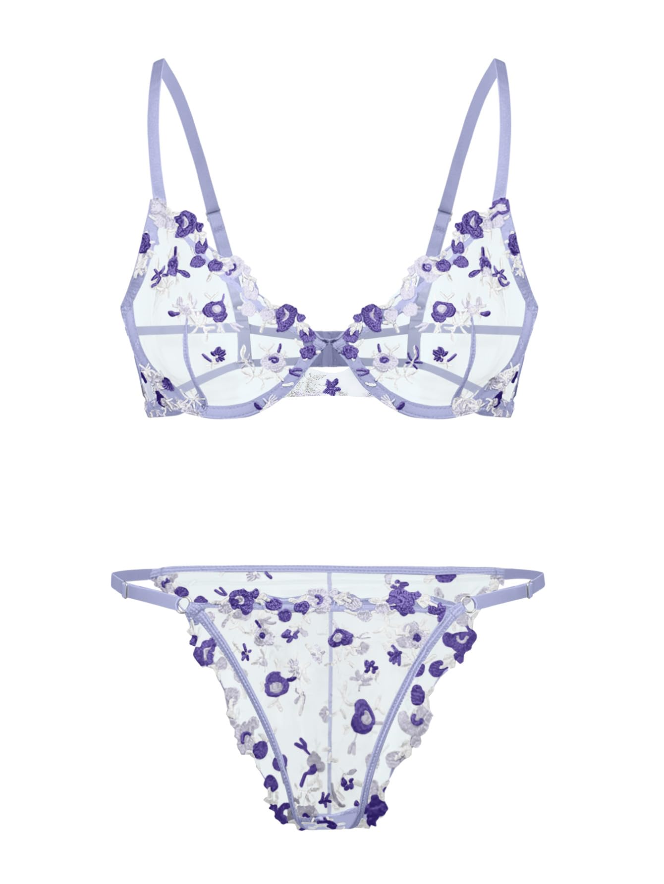 Lilosy Sexy Floral Embroidered Mesh Sheer Underwire Lingerie Set: Flower XX-Small Flower Light Purple