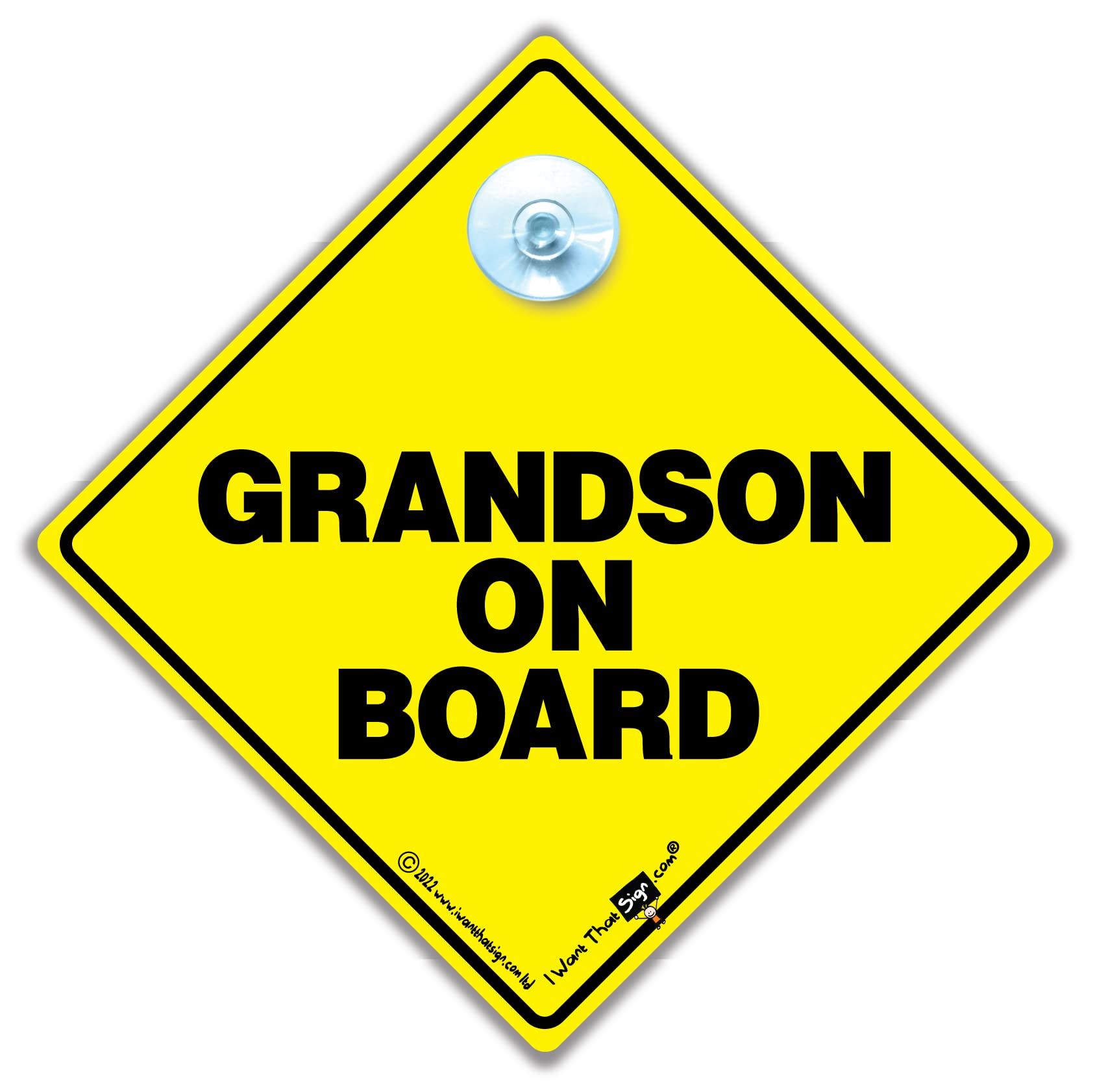 Grandson On Board Car Sign, Baby on Board Sign with Suction Cup, 14cm x 14cm, Yellow and Black, 14 x 14 cm