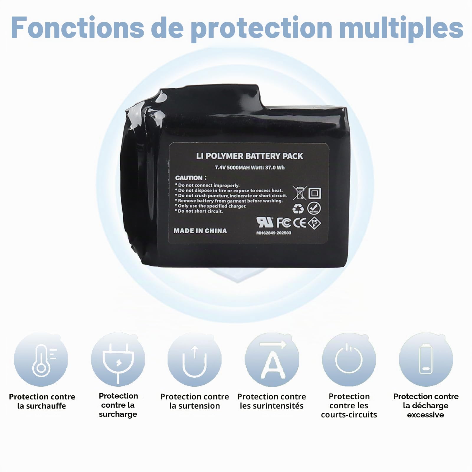 Lot de 2 Batteries Lithium-polymère Rechargeables 7,4 V 5 000 mAh 37 Wh avec Chargeur pour Gants Chauffants,Chaussettes chauffantes,Bonnets Chauffants, cagoules chauffantes,Semelles chauffantes