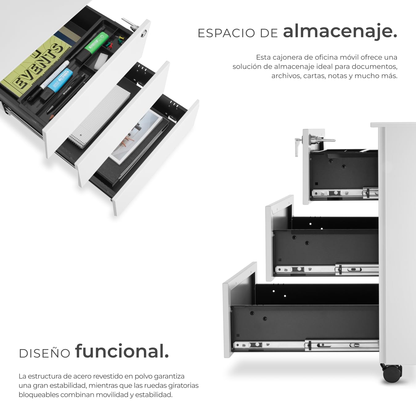 tectake® Robusta Cajonera Escritorio, Acero con Recubrimiento en Polvo, Tres Cajones DIN A4, Cajonera Oficina, Cierre Centralizado, Cajoneras con Ruedas Giratorias - 55x45x39cm Blanco