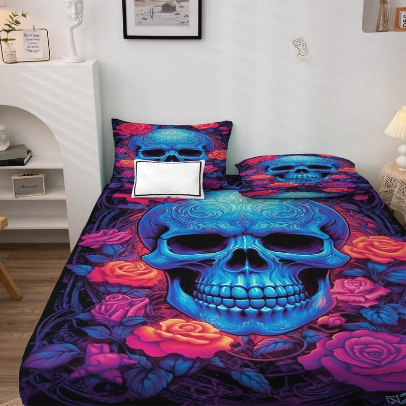 Miniatura 3 de Juego de sábanas tamaño King con diseño de calavera y rosas, sábanas góticas de microfibra suave, bolsillo profundo, sábanas y fundas de almohada