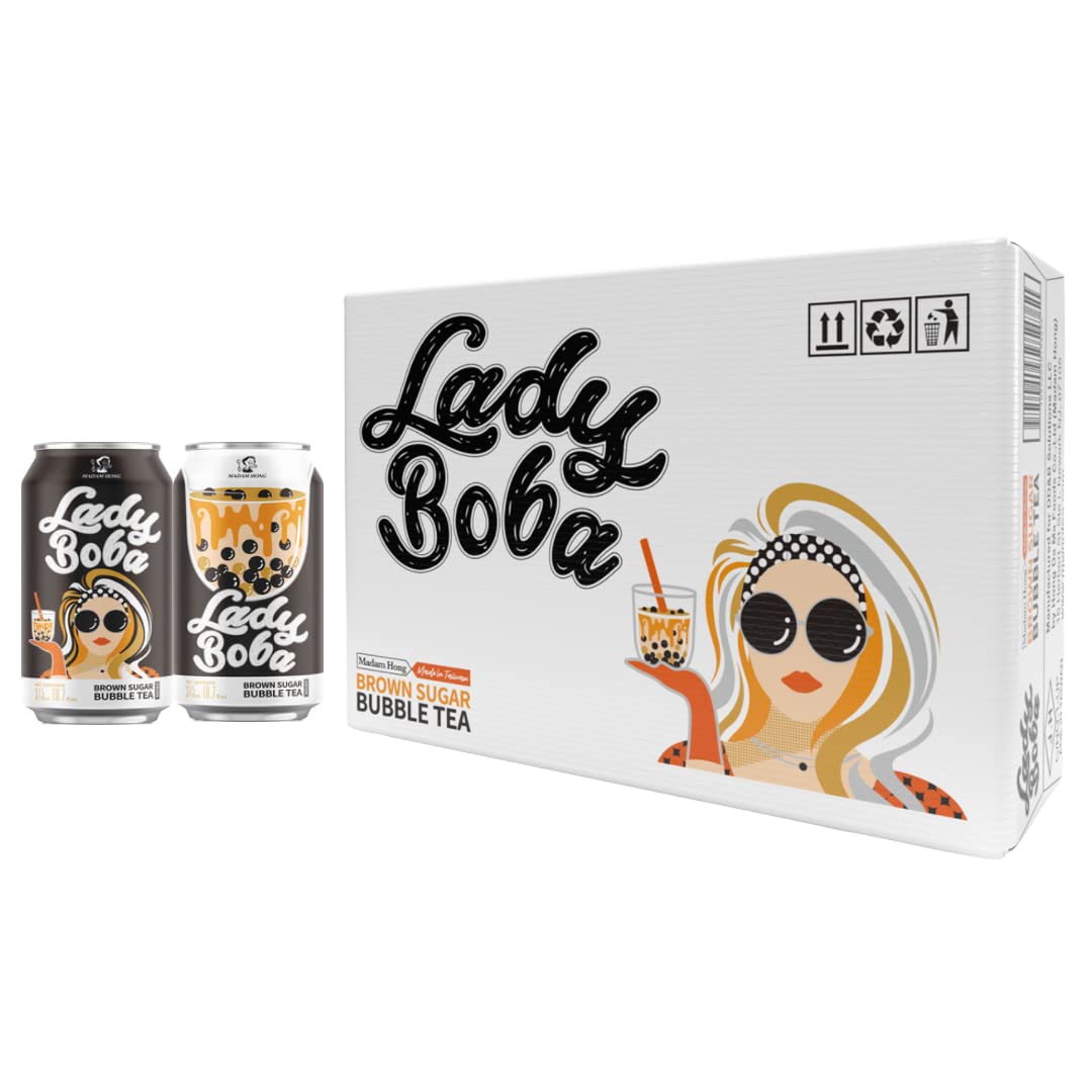 (Pack of 24) Lady Boba 24 Cans. Milk Bubble Tea with Boba Pearls in a Can (10.7oz/can) with Thank You Card. Choose One from Variety of Flavors: Classic, Brown Sugar, Taro, Matcha Latte. Ready To Drink Beverage. (Brown Sugar)