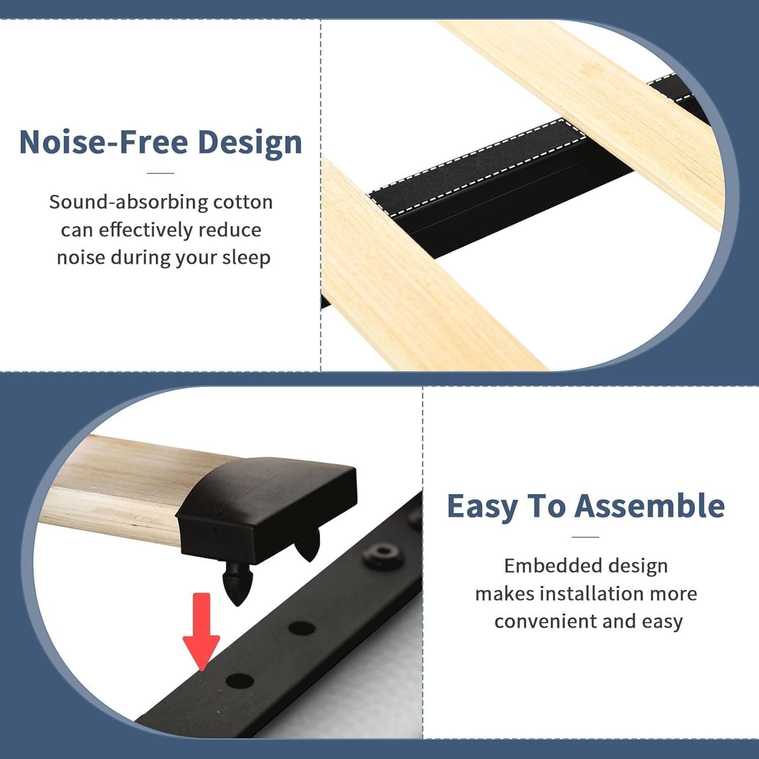 Diagram showing Noise-Free Design and Easy Assembly features