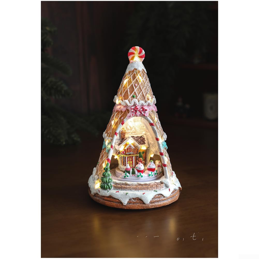 Casette di Natale in resina con scena di neve, villaggio di neve rotante con musica e luce LED per Natale e feste in casa (B)