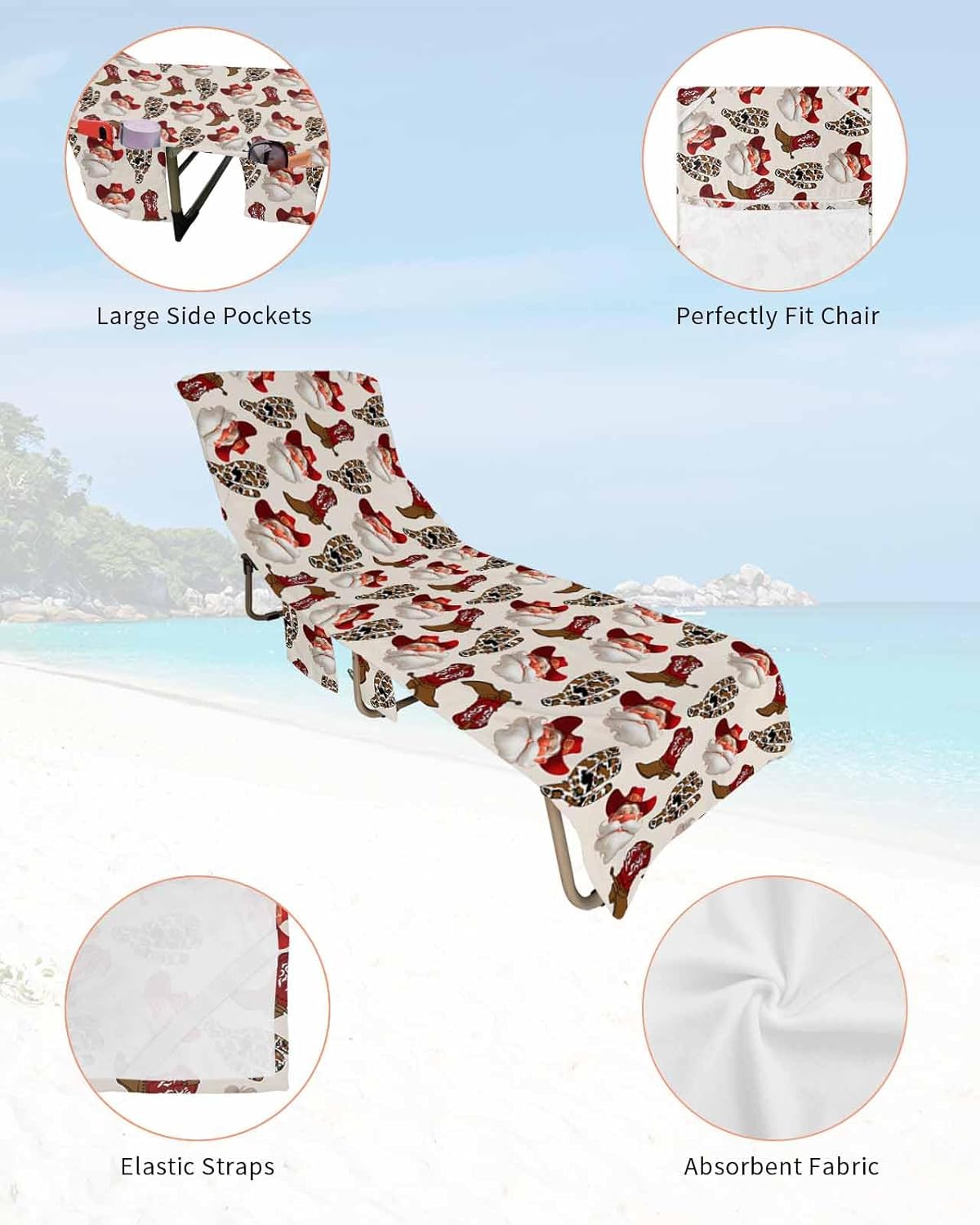Cowboy Christmas Beach Chair Cover with Pockets, Microfiber Quick Dry Chaise Lounge Cover, Western Santa Xmas Winter Red Pool Lounge Chair Covers Towel for Sunbathing Patio Garden