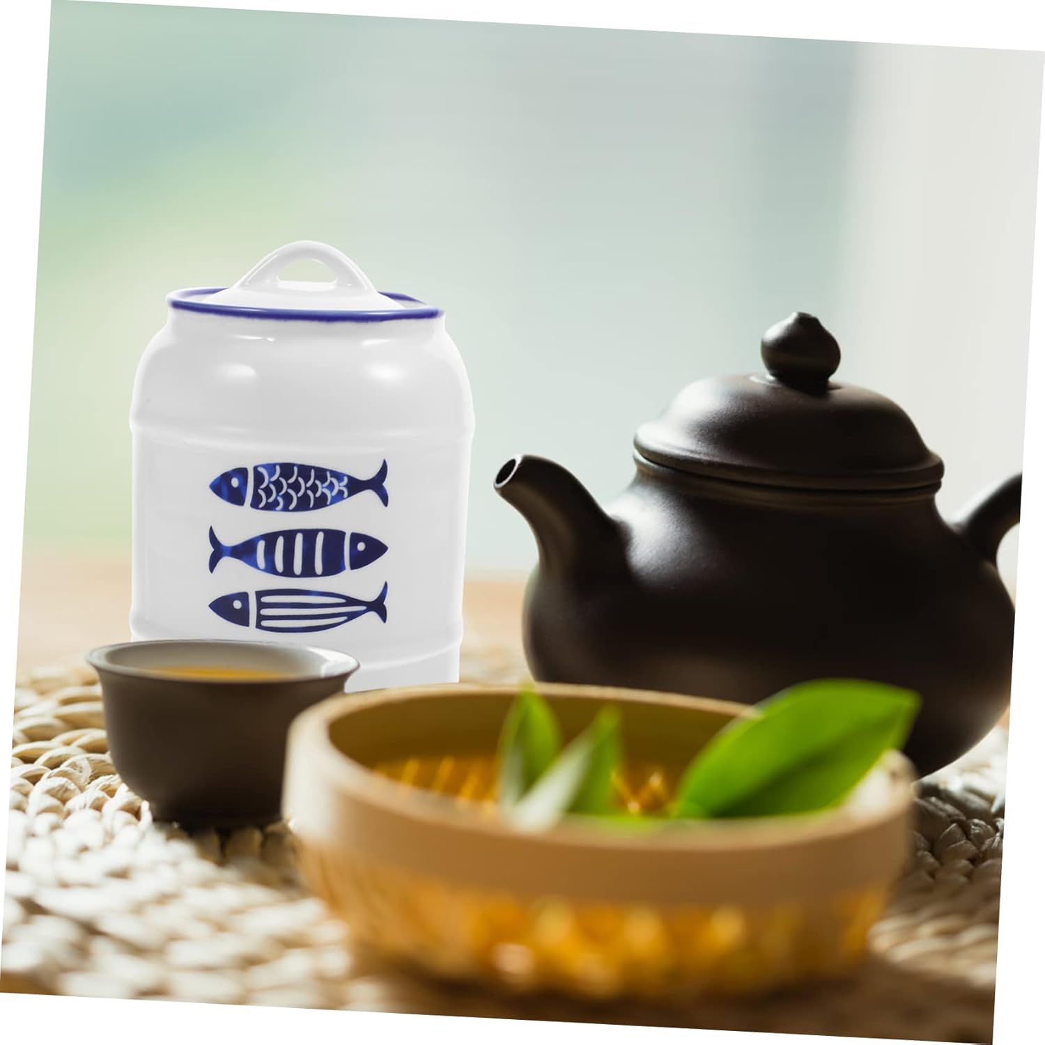 Ceramic Food Storage Container Airtight Grains Canister with -purpose Kitchen Organizer for Snacks Nuts and Cereal Japanese Blue Fish Design