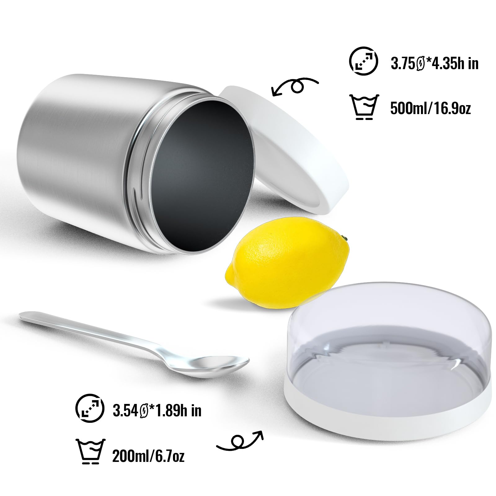 Bakpoco 2-in-1 abnehmbarer, isolierter Lebensmittelbehälter, 479 ml, Suppen-Thermo für heiße Speisen, Kinder und Erwachsene, mit 190 ml Snackbehälter, Edelstahl, isolierter Lunchbehälter mit Löffel