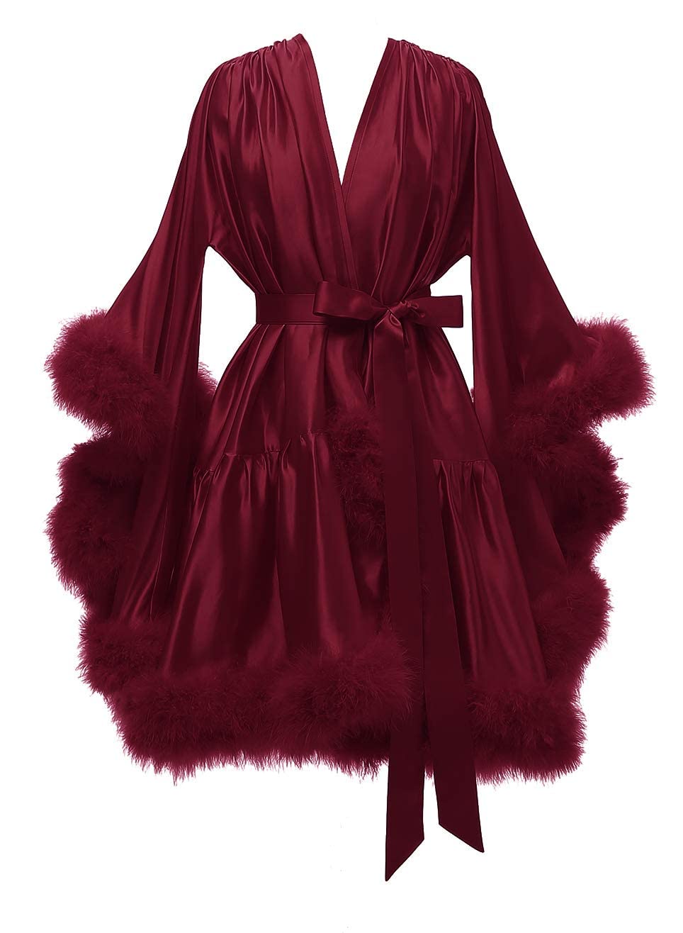 Changuan Women's Feather Robe Silk Satin Fur Bridal Robe Short Dressing Gown Lingerie Nightgown Bathrobe Sleepwear