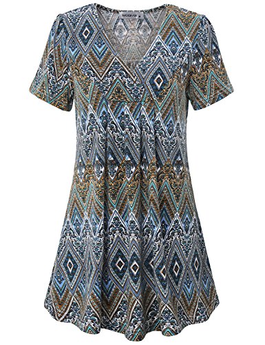 MOQIVGI Swing Tunic, Juniors V Neck Short Sleeve Bohemian Drapey Color Blouse Summer Fashion Misses Tops Beautiful Boutique Pleat Flowy T Shirts for Women Plus Size Multicoloured Blue XX-Large
