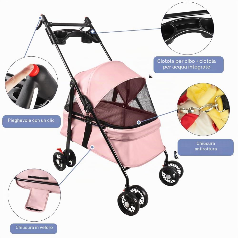 Homewell Passeggino per cani 2 in 1, con 2 portabevande, pieghevole, con freno di stazionamento, passeggino per animali domestici, 50 x 70 x 99 cm (rosa)