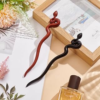 PLIGREAT 2 Pcs Wooden Snake Hair Sticks, Natural Wood Hair Pins Ancient Chinese Black Hair Pins Handmade Retro Hair Accessories Red Black Wooden Animal Hair Sticks for Women