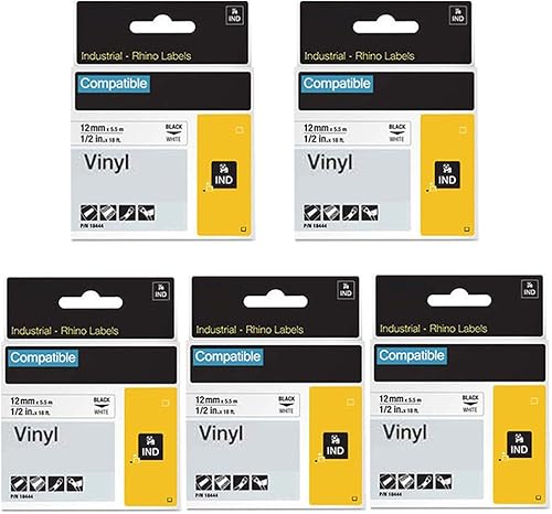 FlyLong Cinta de etiquetas de repuesto compatible 18444 para DYMO Rhino 18444, cintas industriales de vinilo permanente negro sobre blanco, 12