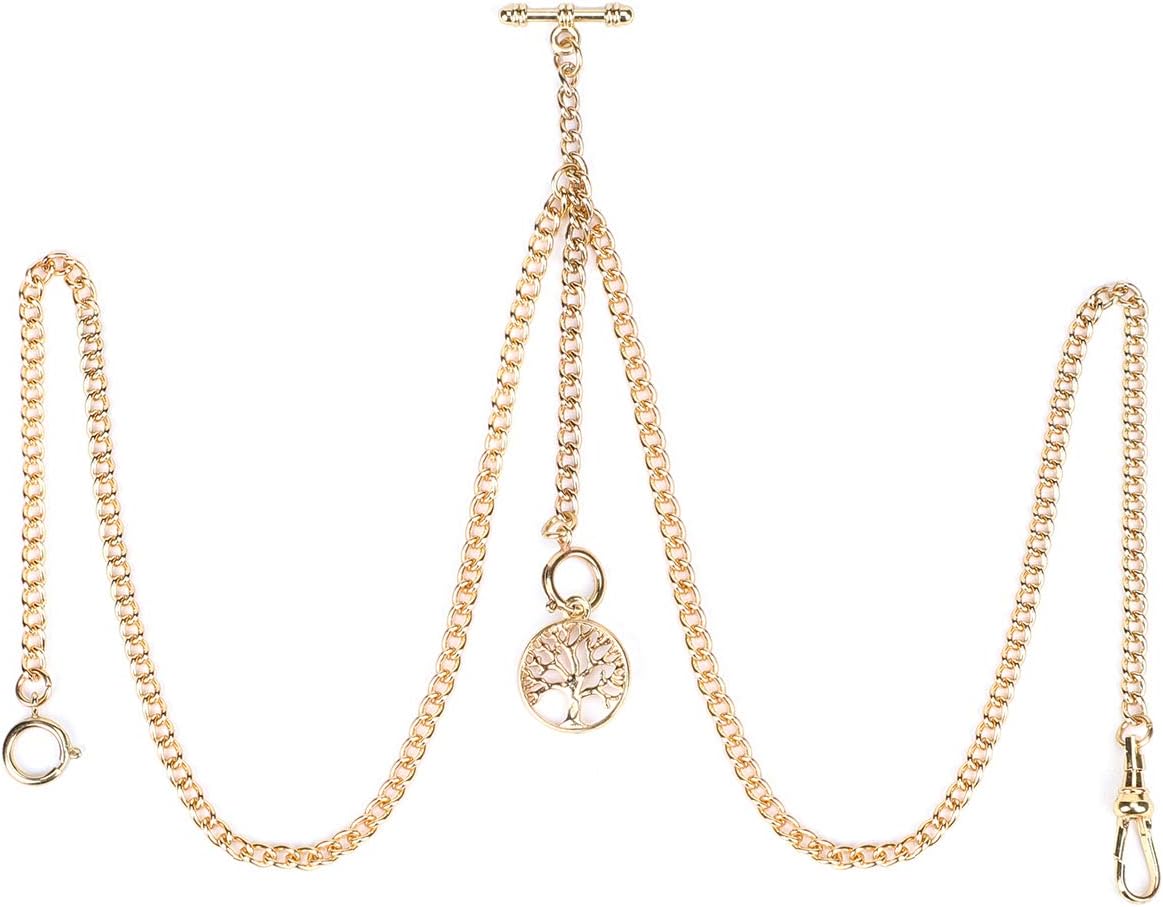 SIBOSUN Pocket Watch with Double Albert Chain, T Bar Watch Chain and Life Tree Pendant Design in Gold